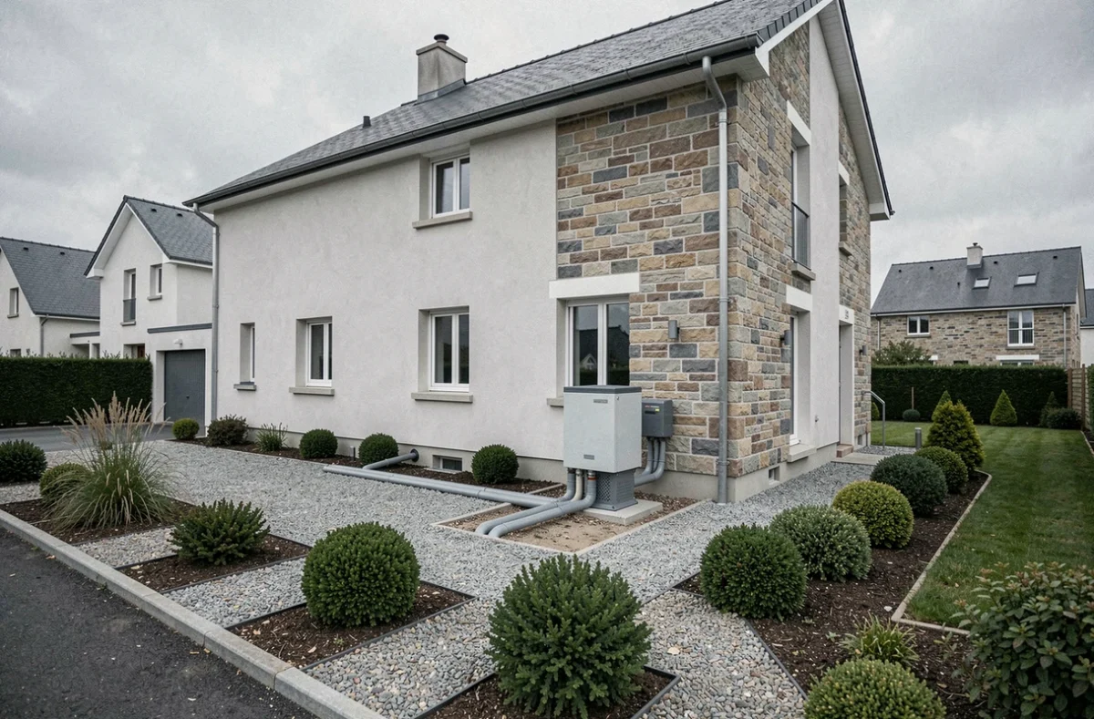 Maison individuelle avec installation de pompe &agrave; chaleur g&eacute;othermique et am&eacute;nagement paysager ext&eacute;rieur