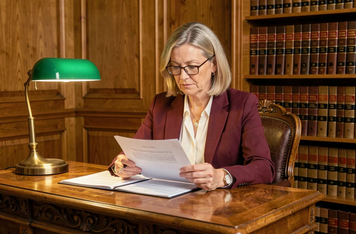 Ma&icirc;tre Blandine Hericher Mazel, avocate au Mans, en blazer bordeaux &agrave; un bureau en ch&ecirc;ne traditionnel