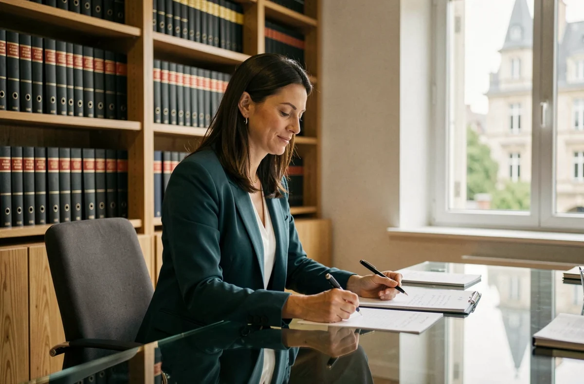 Ma&icirc;tre Julie Caverne, avocate &agrave; Angers, en blazer teal consultant ses notes dans un bureau contemporain