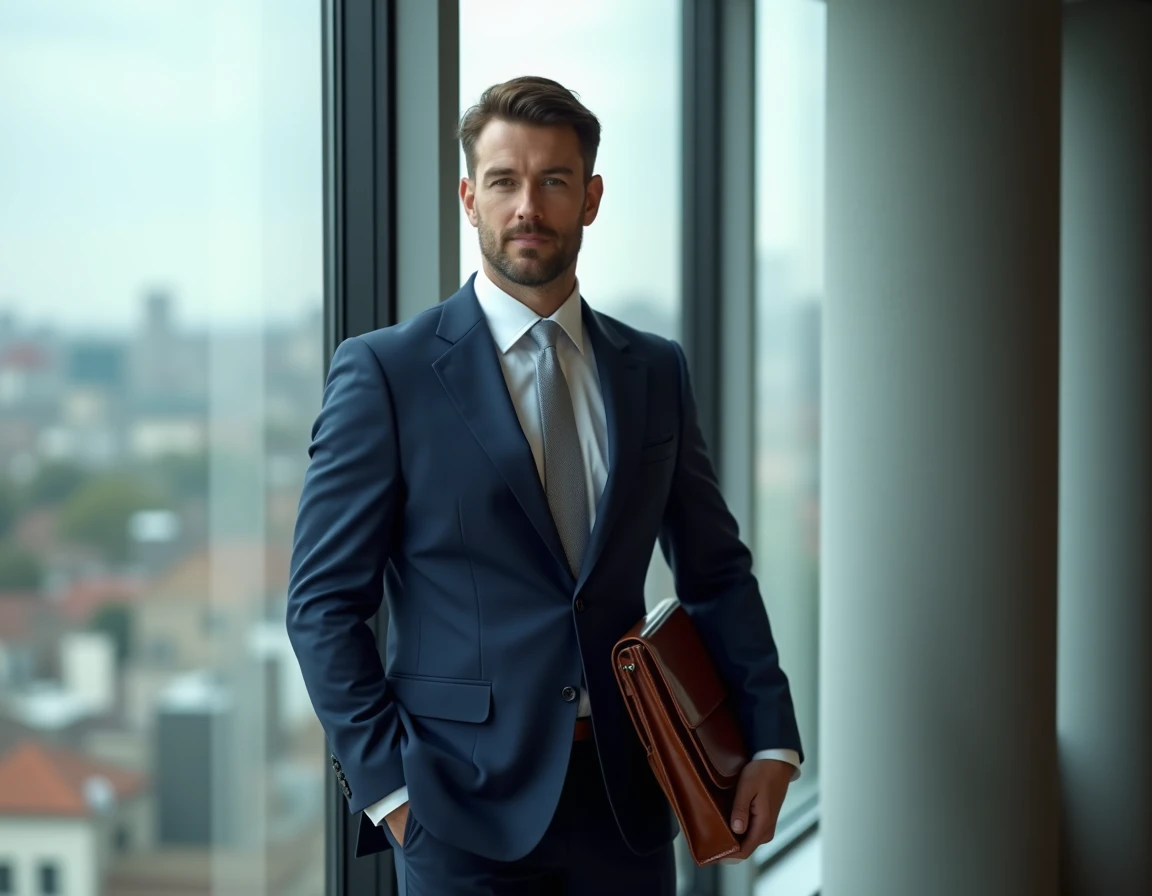 Maître Thomas Bruneau, avocat au barreau de Dax, posant en costume devant une fenêtre avec vue sur la ville