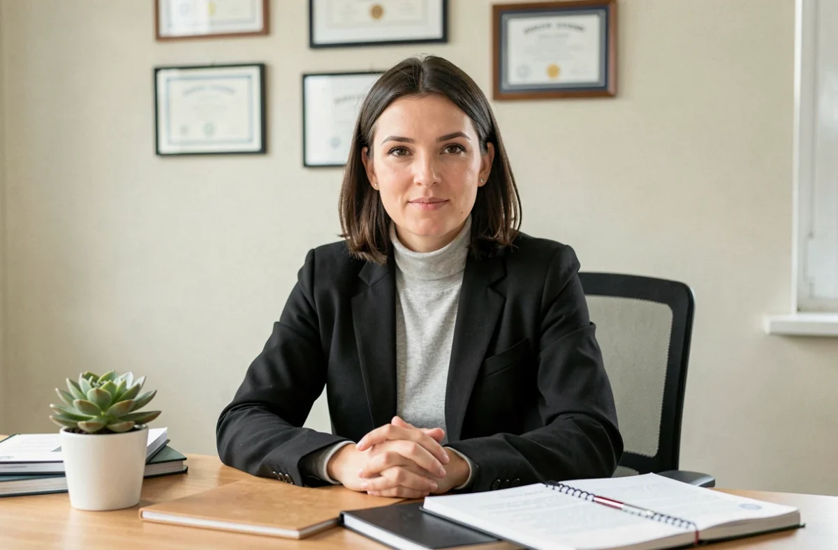 Ma&icirc;tre Typhaine Destree, avocate &agrave; Nantes, en blazer noir dans un bureau contemporain &eacute;pur&eacute;
