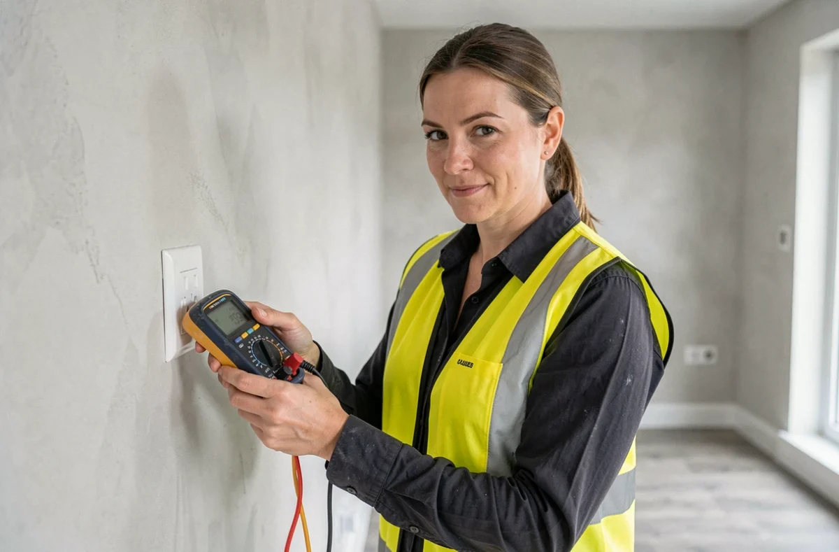 Marie Ngbakou, &eacute;lectricienne professionnelle, testant une prise &eacute;lectrique avec un multim&egrave;tre dans un logement r&eacute;nov&eacute;