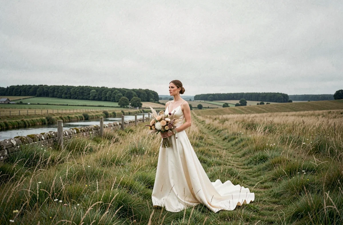 Mariée en robe ivoire posant seule dans une prairie longeant la Vilaine, illustrant le style poétique de Marion Karl photographe mariage en Ille-et-Vilaine