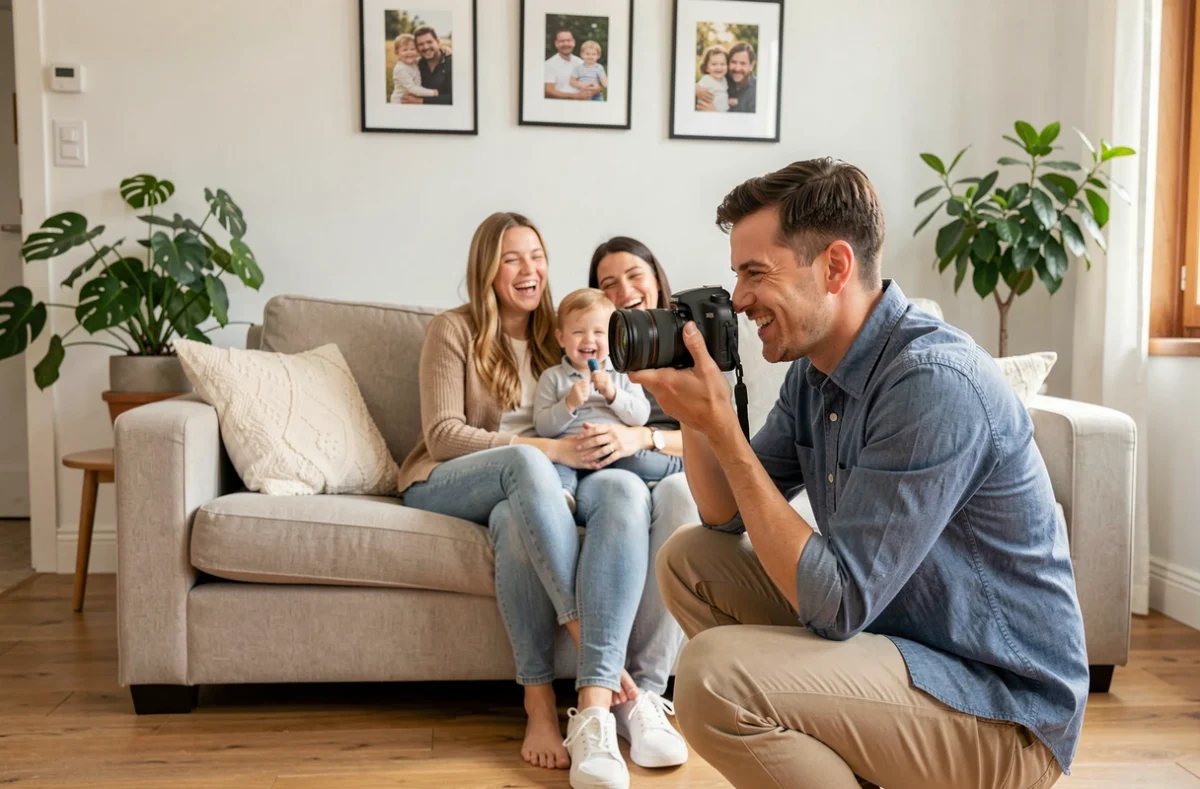 Marius Balayn photographiant une famille avec un jeune enfant dans un intérieur domestique chaleureux à Toulouse