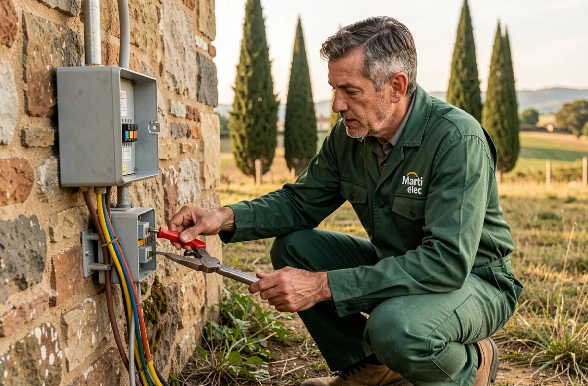 &Eacute;lectricien de Marti &Eacute;lec travaillant sur un bo&icirc;tier &eacute;lectrique ext&eacute;rieur d'une ferme dans le Gers