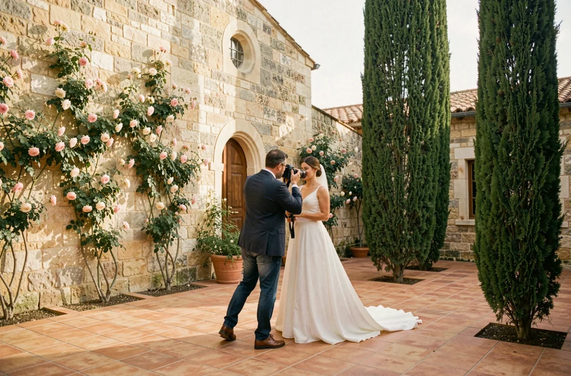 Mathieu Binelli, photographe spécialisé mariage et mode à Toulon, en action lors d'une cérémonie dans une cour provençale