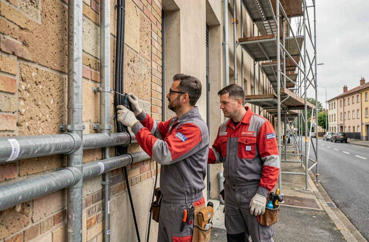 Deux techniciens de Mc2 Aquitaine Elec installant des conduits &eacute;lectriques sur un b&acirc;timent commercial