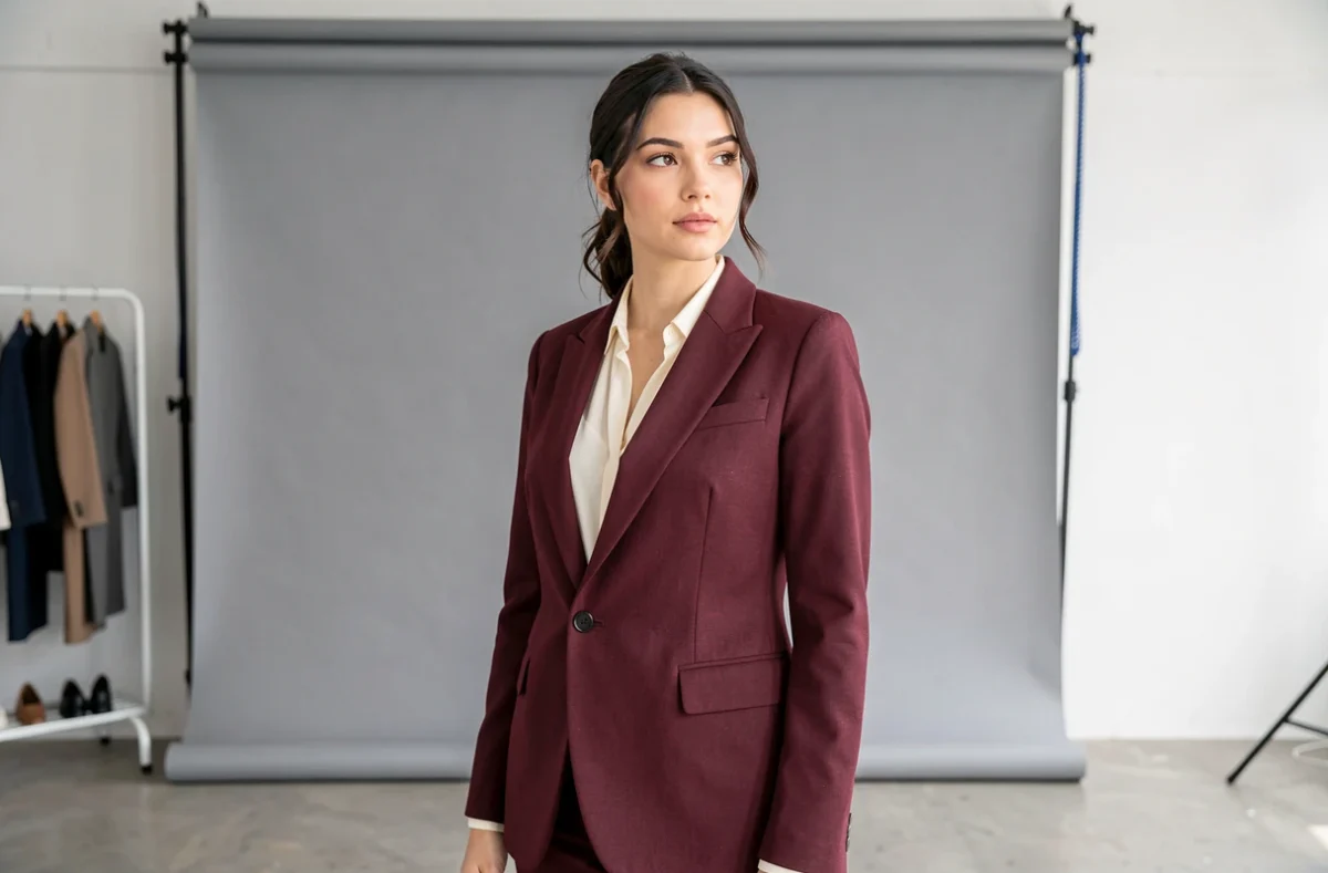 Jeune femme en blazer bordeaux posant dans un studio de mode minimaliste à Rennes, représentant le travail de Mélanie Pottier photographe portrait et mode