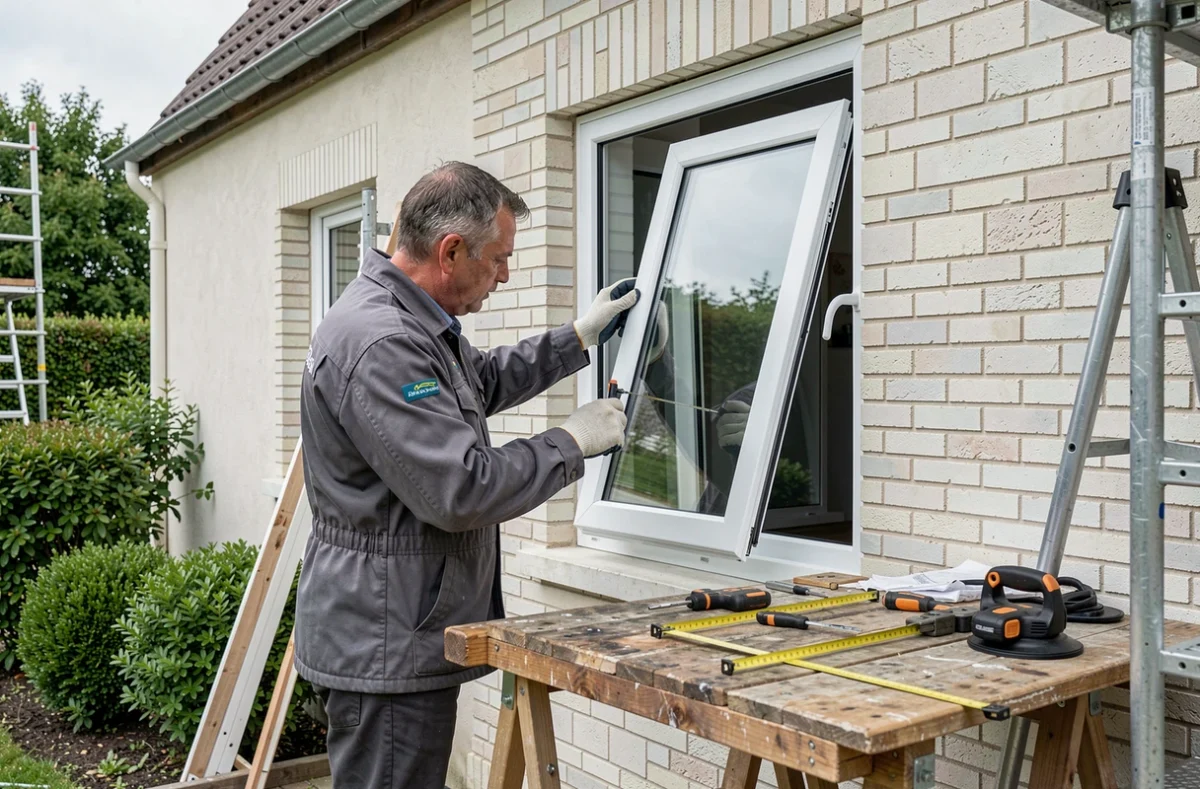 Spécialiste de Menuiseries Profils Glaces installant une fenêtre double vitrage en PVC sur une maison individuelle dans la Somme