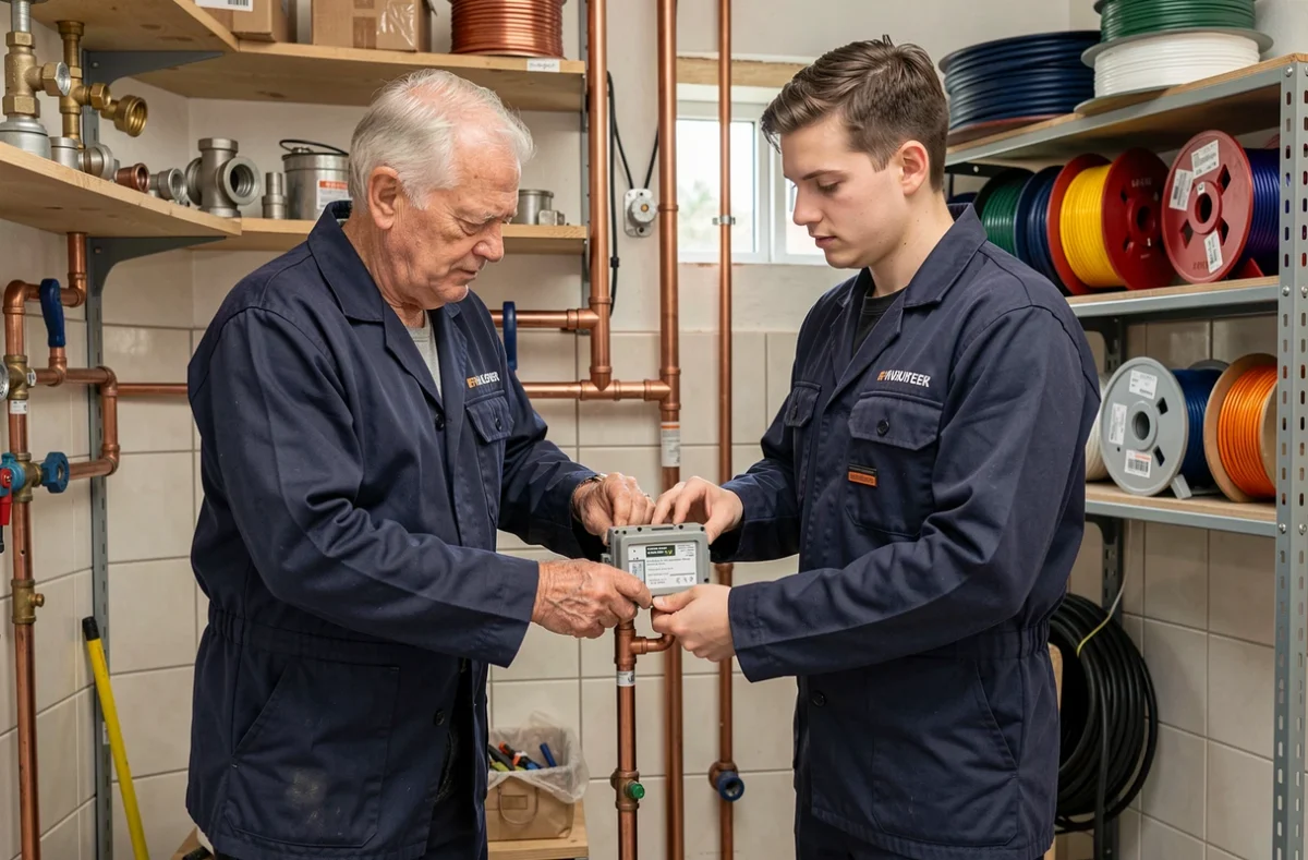 Duo père et fils Mercier travaillant simultanément sur une installation électrique et de plomberie dans une maison d'Antony