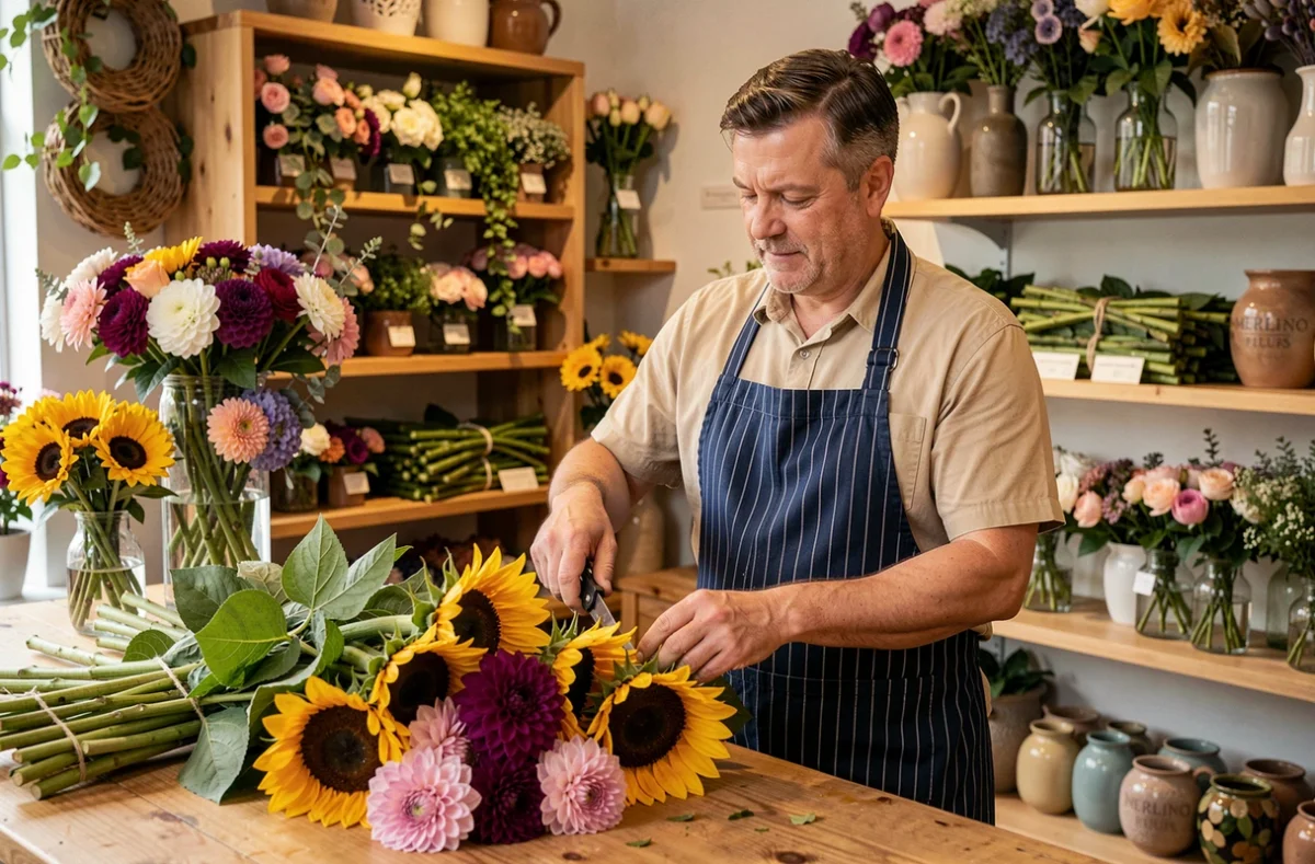 Fleuriste de Merlino Fleurs &agrave; &Eacute;pinal taillant des tournesols et dahlias frais au comptoir
