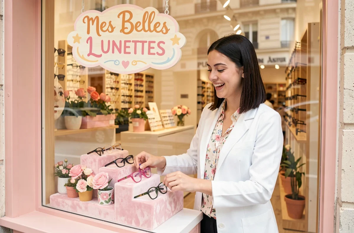 Jeune opticienne de Mes Belles Lunettes &agrave; &Eacute;pinay-sur-Seine disposant une collection color&eacute;e de montures mode dans la vitrine de la boutique