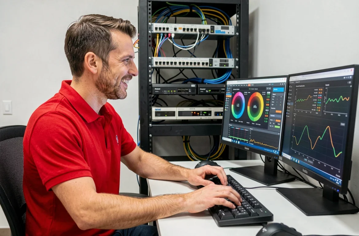 Technicien de Microspeed testant les performances d'un système informatique avec plusieurs moniteurs dans un bureau de support IT