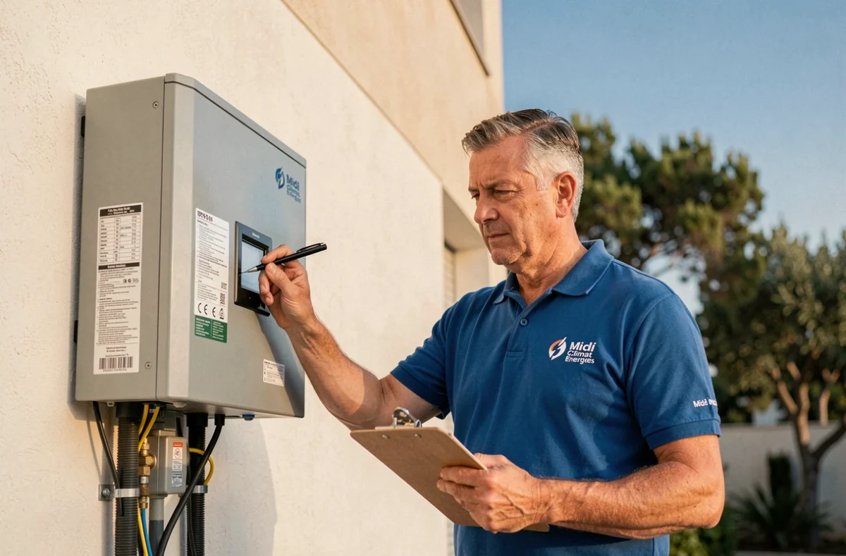 Technicien Midi Climat &Eacute;nergies inspectant une pompe &agrave; chaleur connect&eacute;e &agrave; un panneau &eacute;lectrique r&eacute;sidentiel &agrave; Montpellier