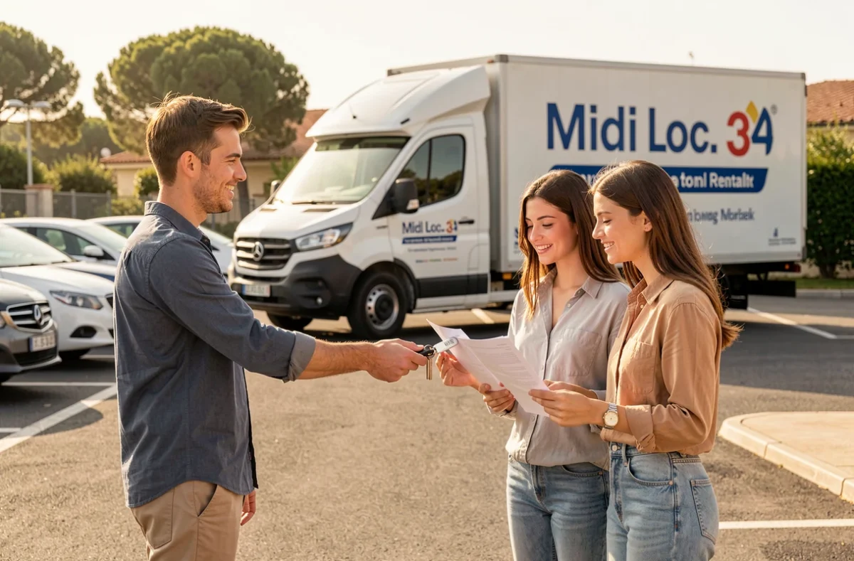Employé Midi Loc.34 remettant les clés d'un camion de déménagement à un couple à Montpellier