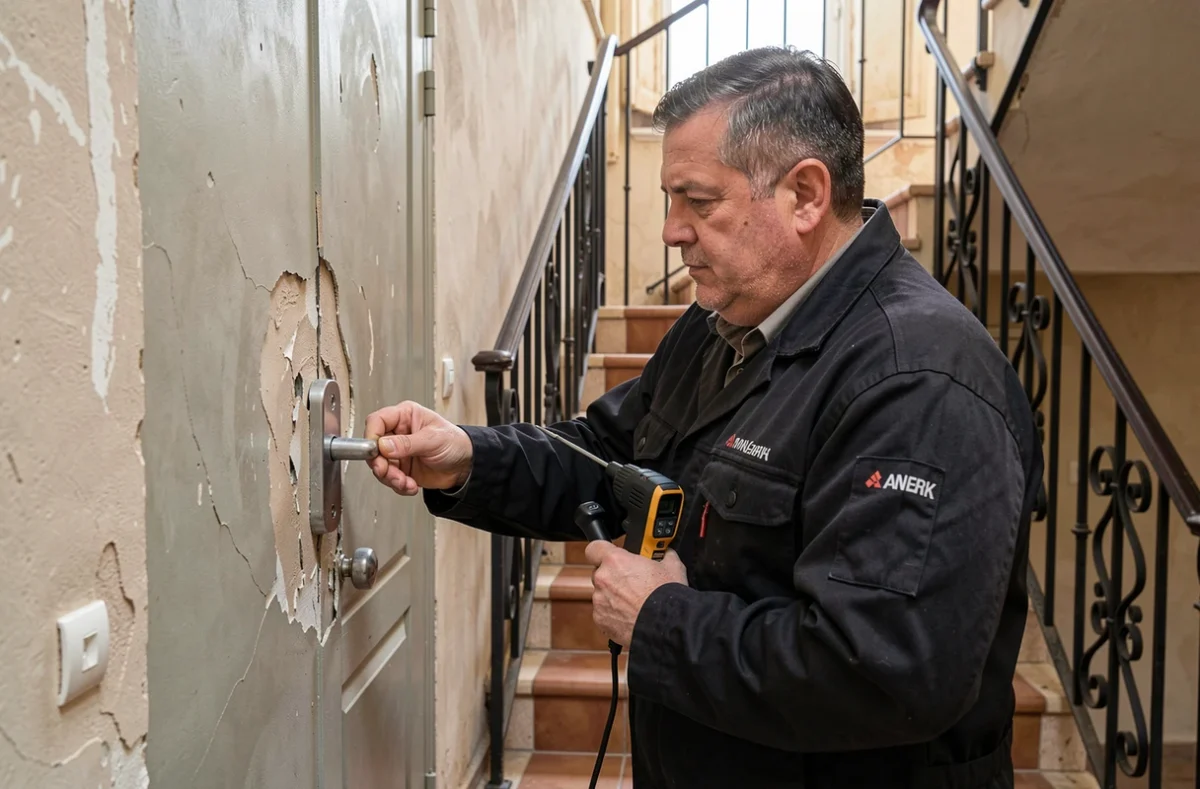 Serrurier Mir Serrurerie utilisant un outil de diagnostic professionnel sur une serrure endommag&eacute;e dans un immeuble montpelli&eacute;rain