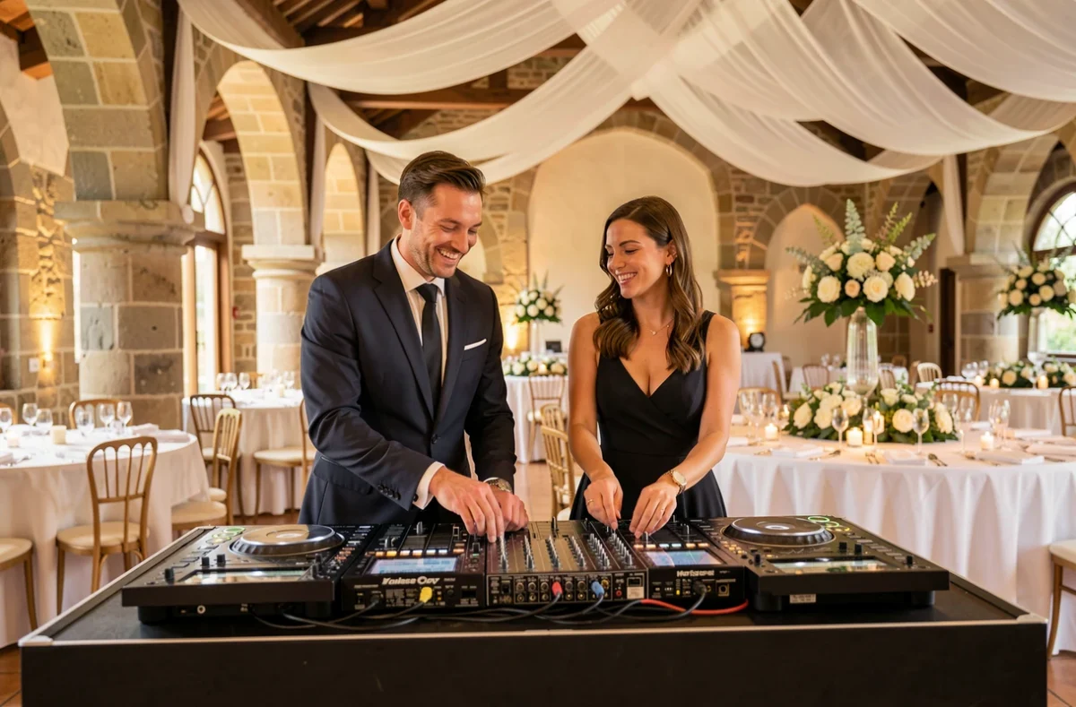 Le duo Mix and Match Auvergne-Rhône-Alpes, un homme et une femme, derrière leur booth DJ lors d'une réception de mariage dans une salle aux arches en pierre