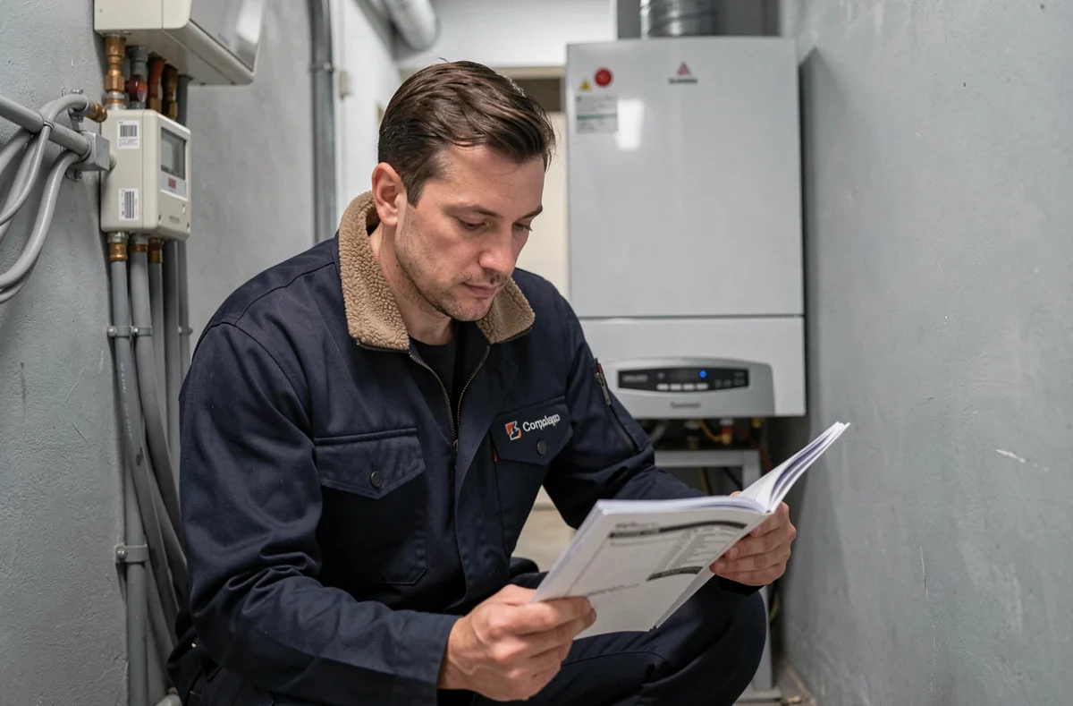 Technicien MMS Plomberie consultant un manuel technique devant une chaudi&egrave;re dans un local technique r&eacute;sidentiel