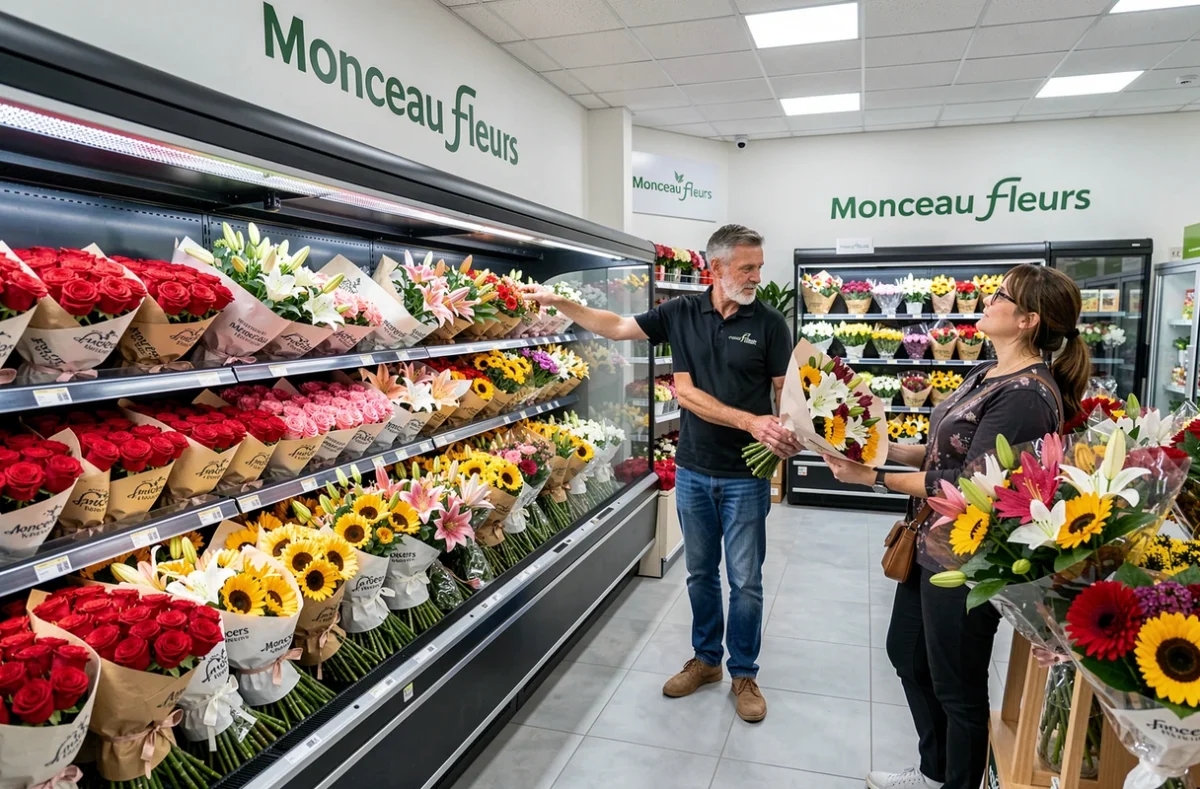 Intérieur du magasin Monceau Fleurs à Angers avec ses vitrines réfrigérées de bouquets en libre-service et un fleuriste conseillant un client