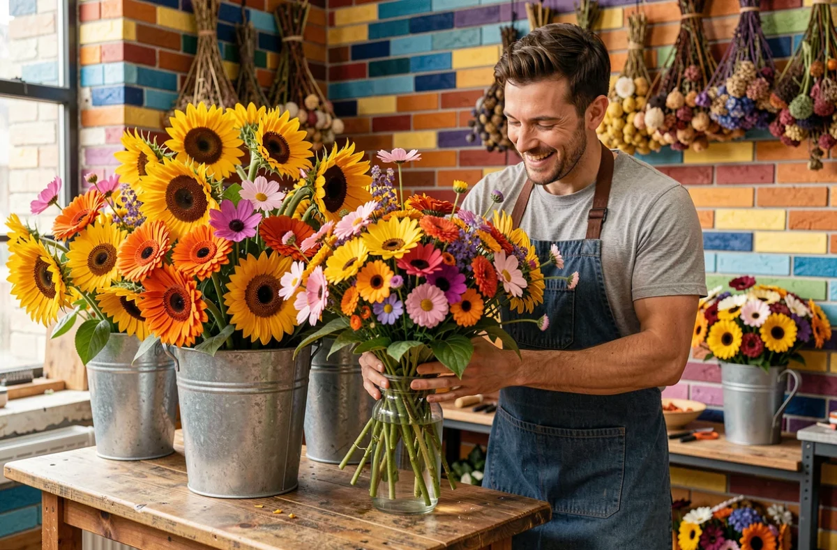 Fleuriste de Monsieur Marguerite arrangeant un bouquet exub&eacute;rant de tournesols et gerberas color&eacute;s dans un atelier floral parisien aux murs en brique peinte