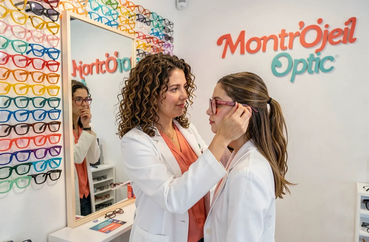 Opticienne de Montr'Oeil Optic aidant une jeune femme &agrave; essayer des lunettes devant une installation murale color&eacute;e de montures