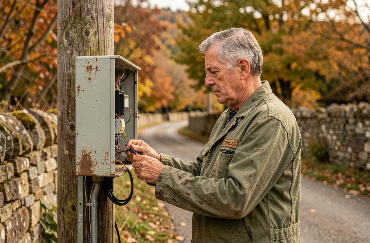 Serge Mourgues électricien câblant un coffret de distribution en milieu rural dans le Cantal en automne