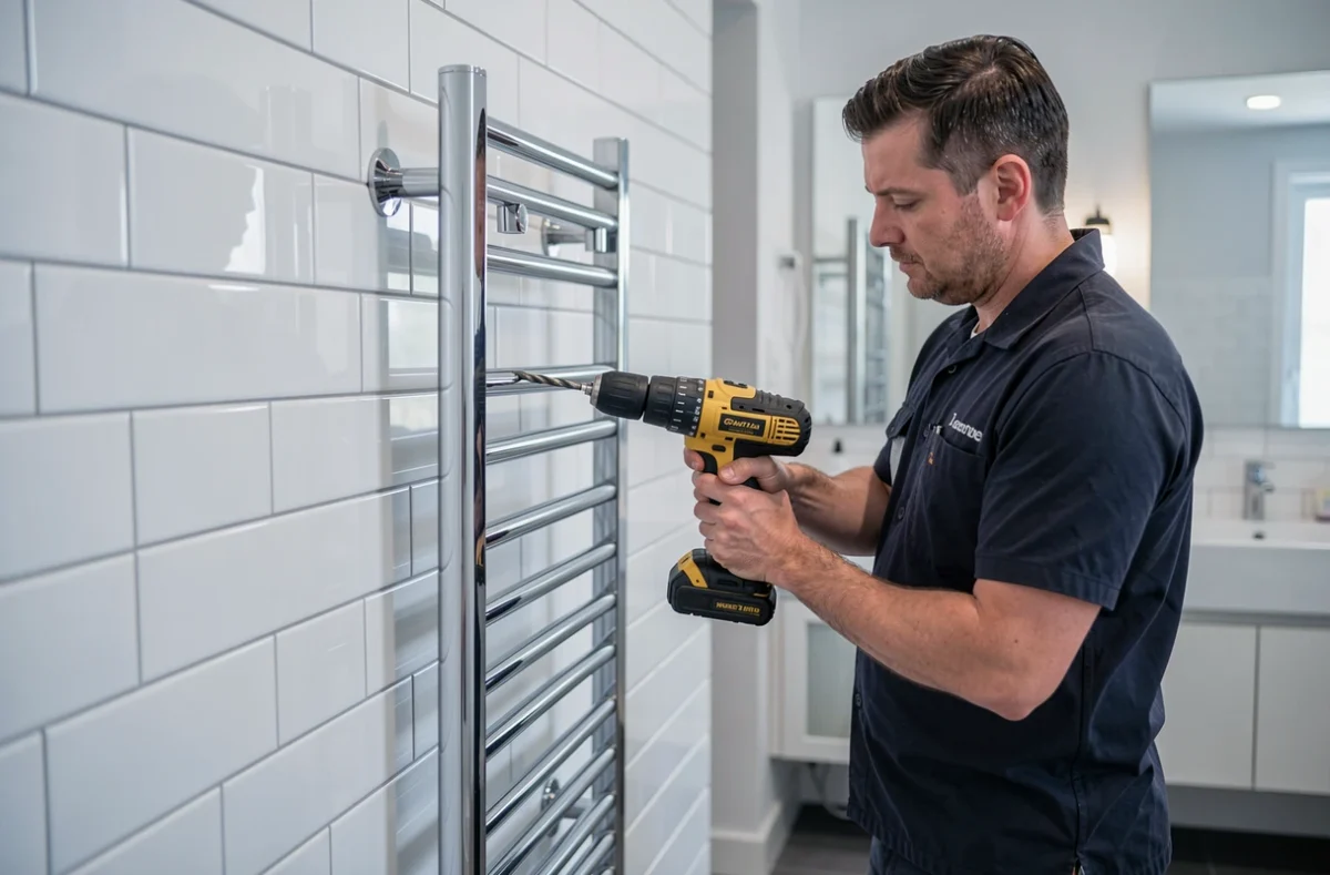 Technicien Multimon France installant un sèche-serviettes électrique mural dans une salle de bain carrelée en Moselle