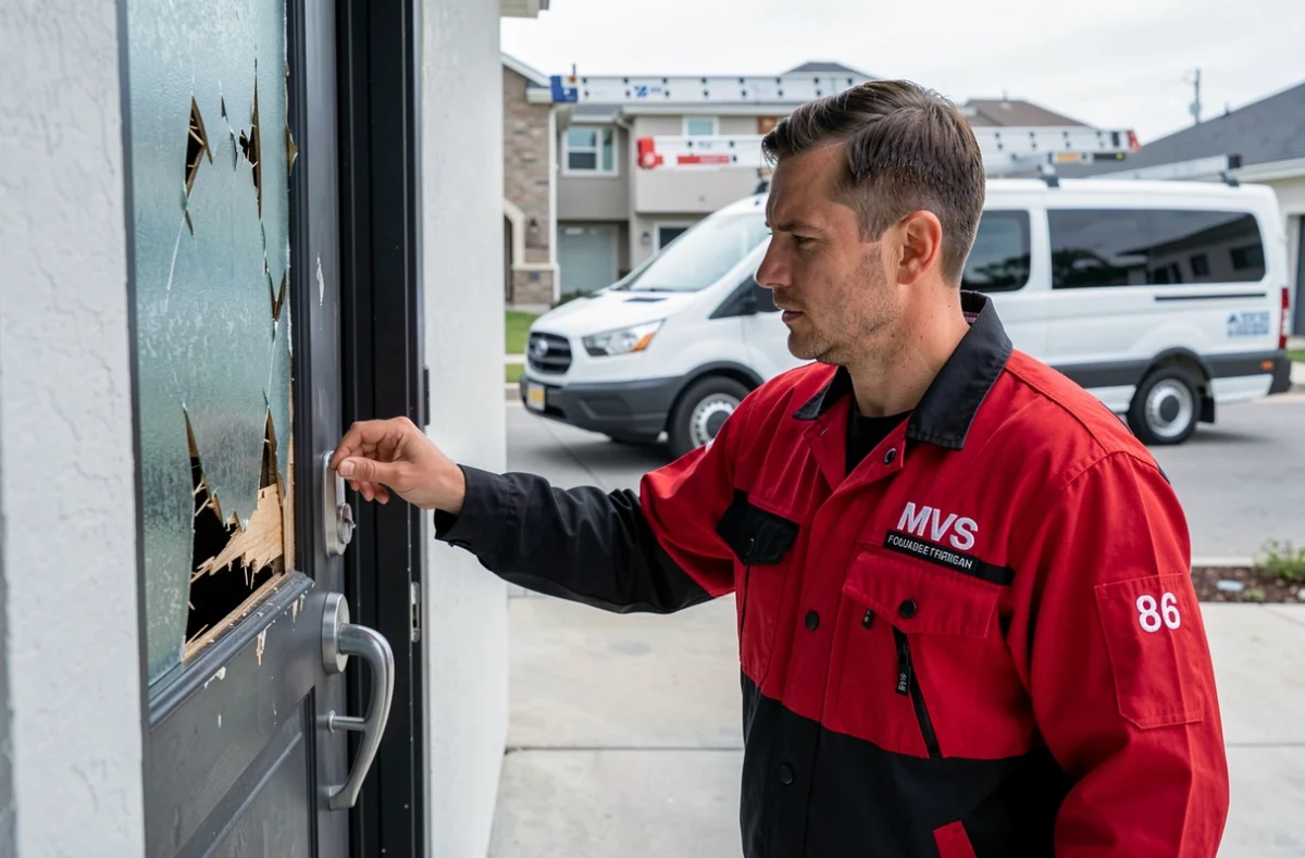 Technicien M.V.S. 86 &eacute;valuant les d&eacute;g&acirc;ts d'une effraction sur une porte de pavillon en banlieue