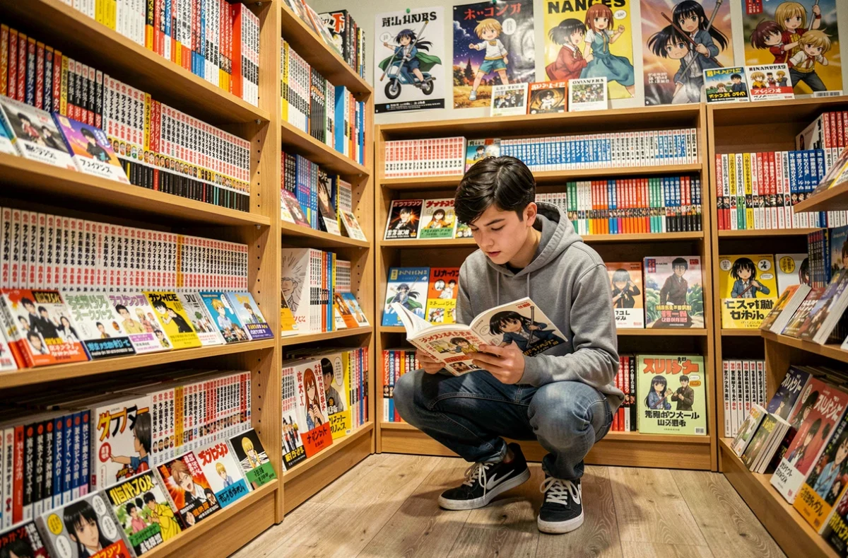 Adolescent lisant un manga dans La Mystérieuse Librairie Nantaise à Nantes, rayons de BD et mangas colorés en arrière-plan