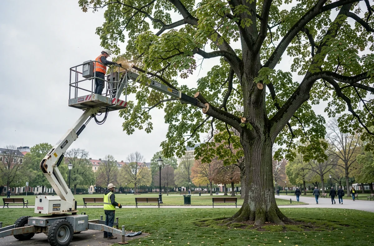 &Eacute;lagueur sur nacelle &eacute;l&eacute;vatrice taillant un grand tilleul dans un parc urbain avec un assistant au sol