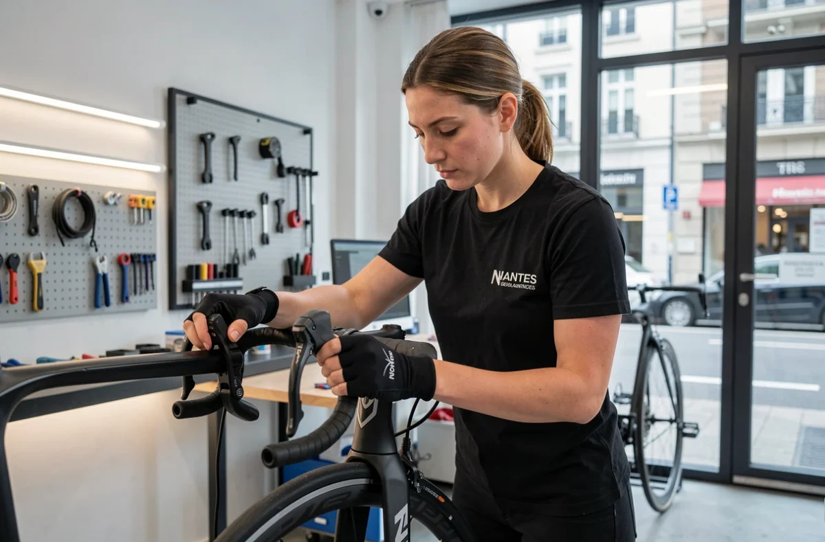 Technicienne sp&eacute;cialis&eacute;e de NaoBike r&eacute;glant les freins hydrauliques d'un v&eacute;lo de route &agrave; Nantes
