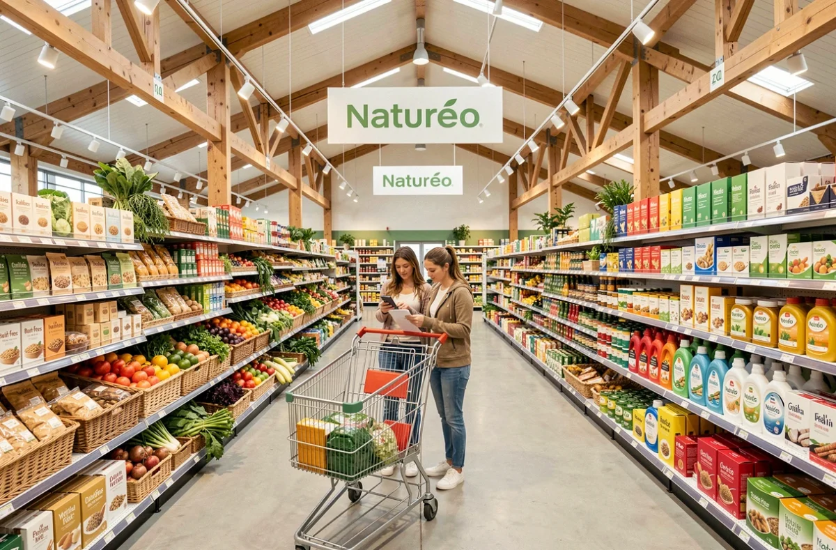 Grande surface Naturéo à Ballainvilliers avec de larges allées de produits biologiques et un couple faisant leurs courses
