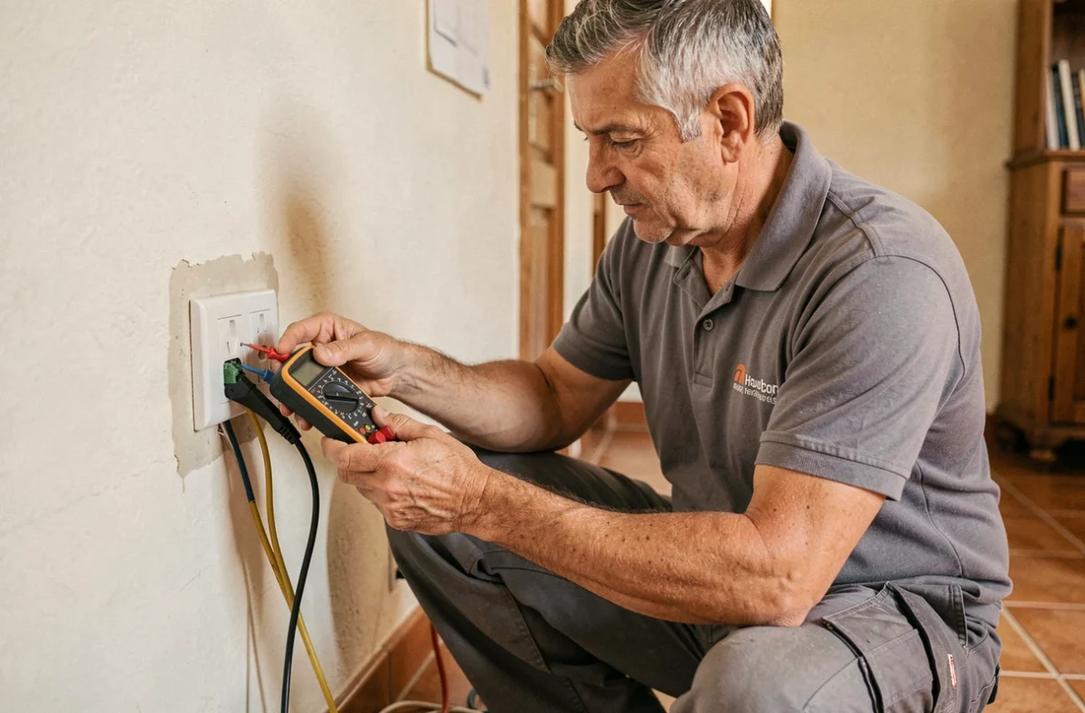 Électricien de ND Electricité 2B testant une installation électrique dans une maison en Haute-Corse