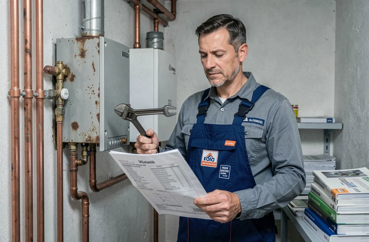 Technicien Neto Plomberie Chauffage travaillant sur une chaudière murale en Essonne