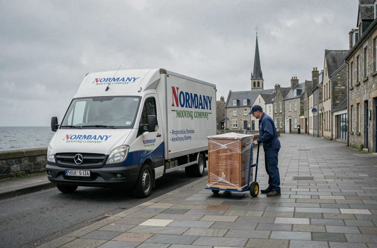 Camion Normandie D&eacute;m&eacute;nagements sur une promenade c&ocirc;ti&egrave;re normande avec un d&eacute;m&eacute;nageur et un diable