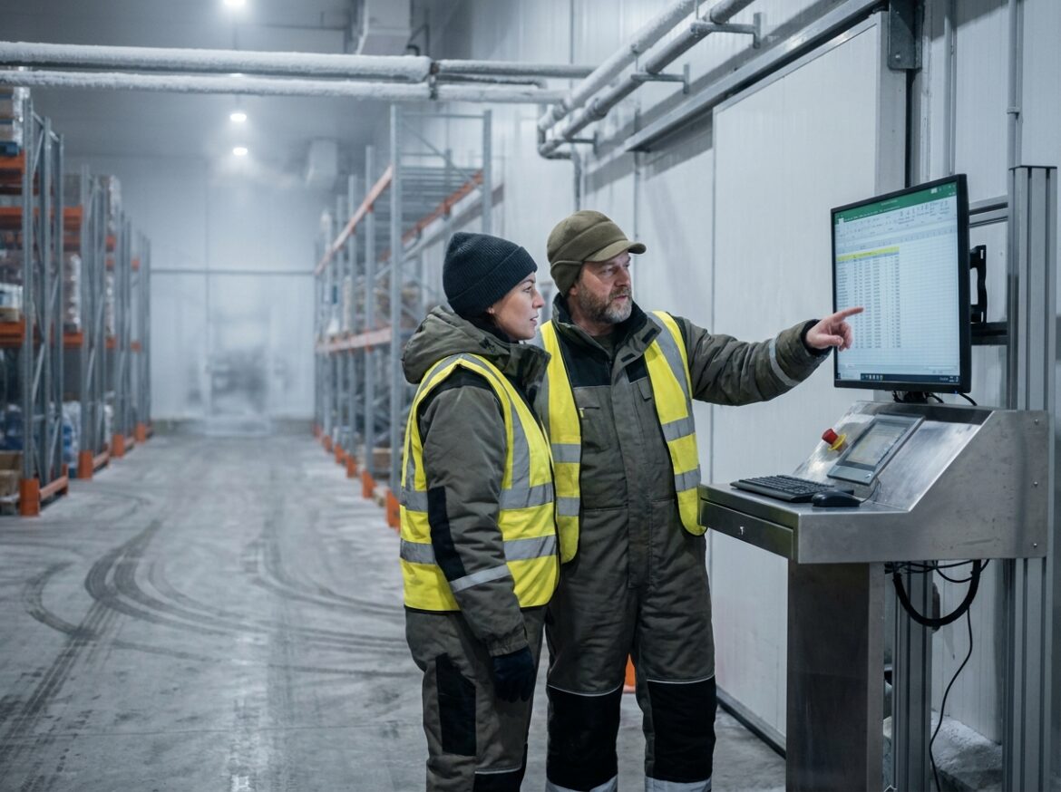 Deux op&eacute;rateurs consultant un terminal informatique industriel dans un entrep&ocirc;t de distribution frigorifique