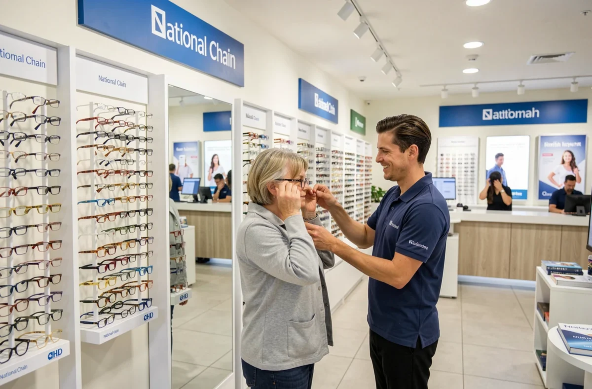 Int&eacute;rieur du magasin Optic 2000 &agrave; &Eacute;vreux avec rayonnages de montures et une cliente essayant des lunettes assist&eacute;e par un opticien