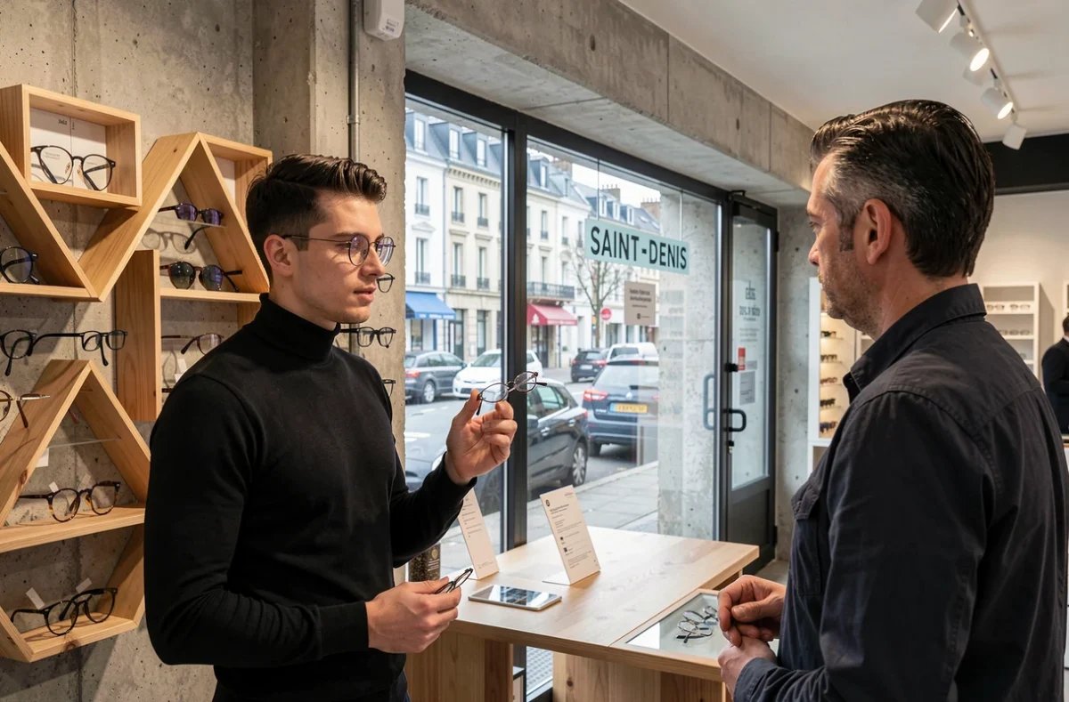 Boutique Optical District &agrave; Saint-Denis avec un opticien en tenue noire pr&eacute;sentant des montures design &agrave; un client