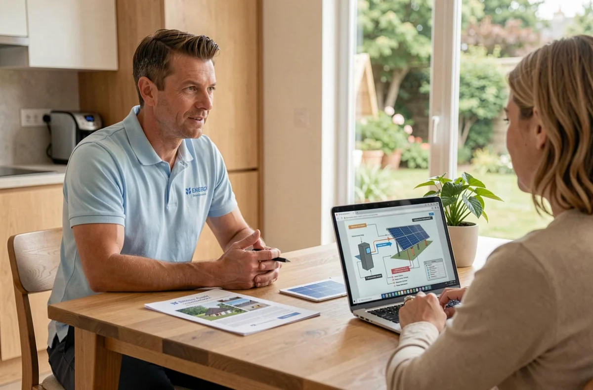 Conseiller Optimisation Habitat Energie OHE pr&eacute;sentant un bilan &eacute;nerg&eacute;tique et des solutions en &eacute;nergies renouvelables &agrave; un propri&eacute;taire