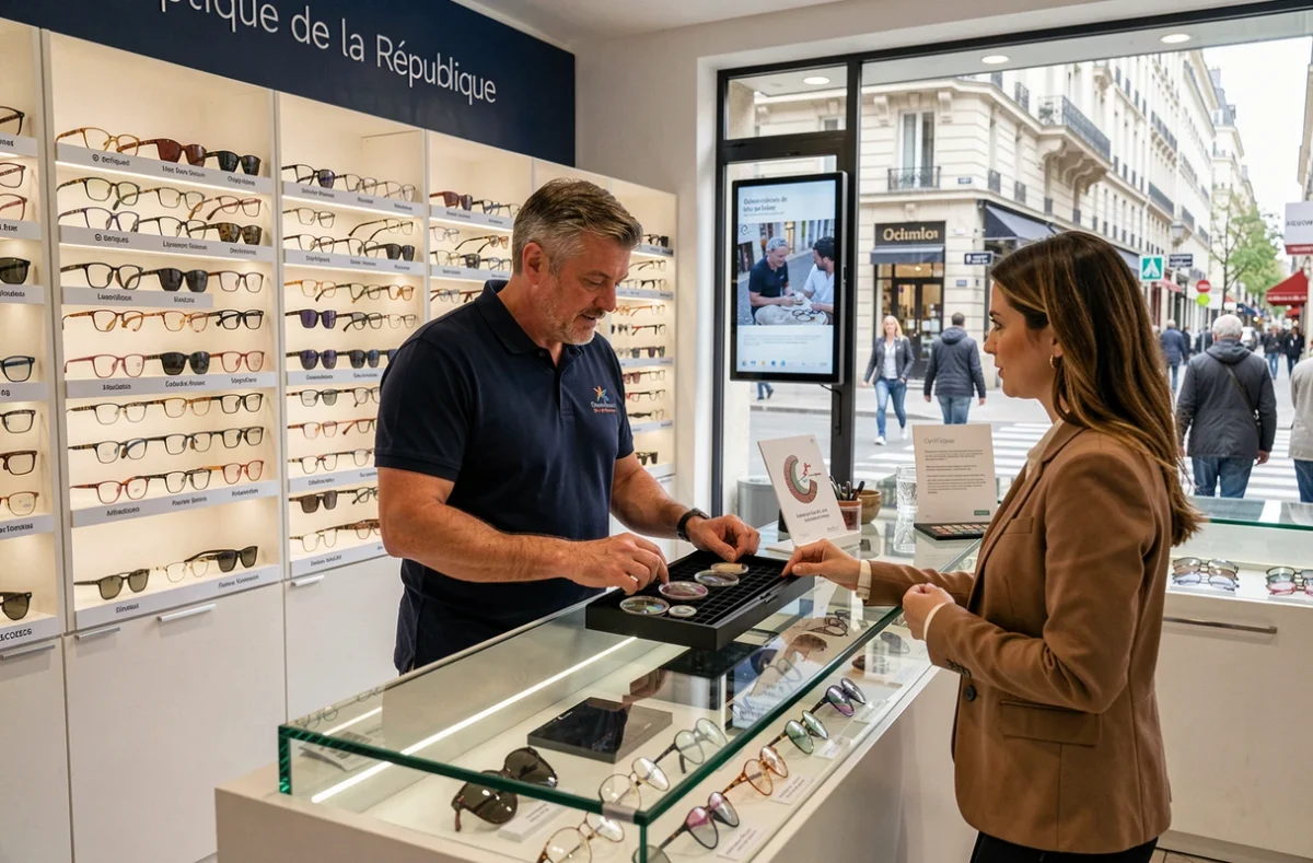 Opticien de l'Optique de la R&eacute;publique pr&eacute;sentant des options de verres &agrave; une cliente devant un comptoir vitr&eacute; sur une avenue commer&ccedil;ante anim&eacute;e