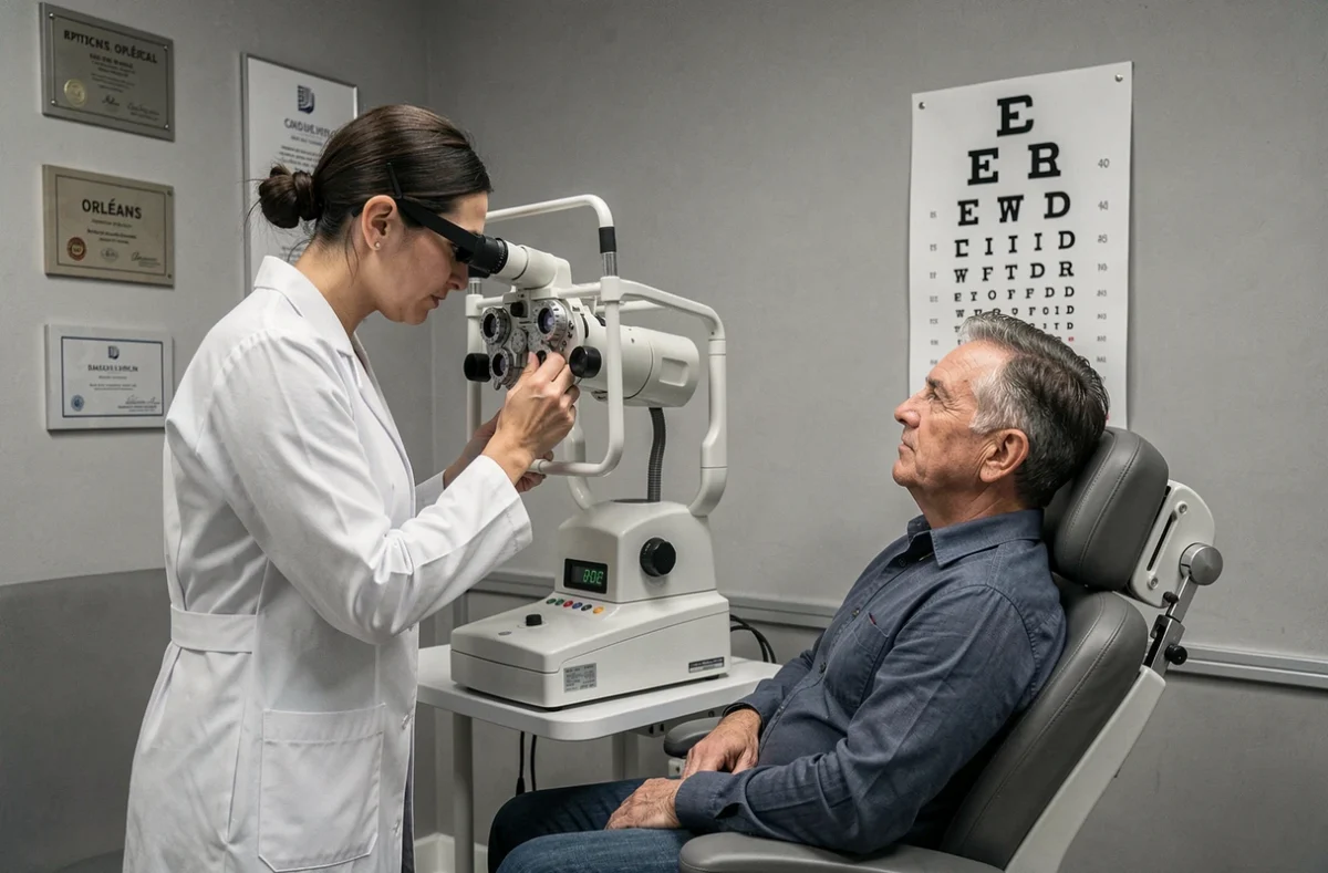 Optique Sautereau à Orléans, une opticienne réalisant un examen de vue avec un équipement optique moderne