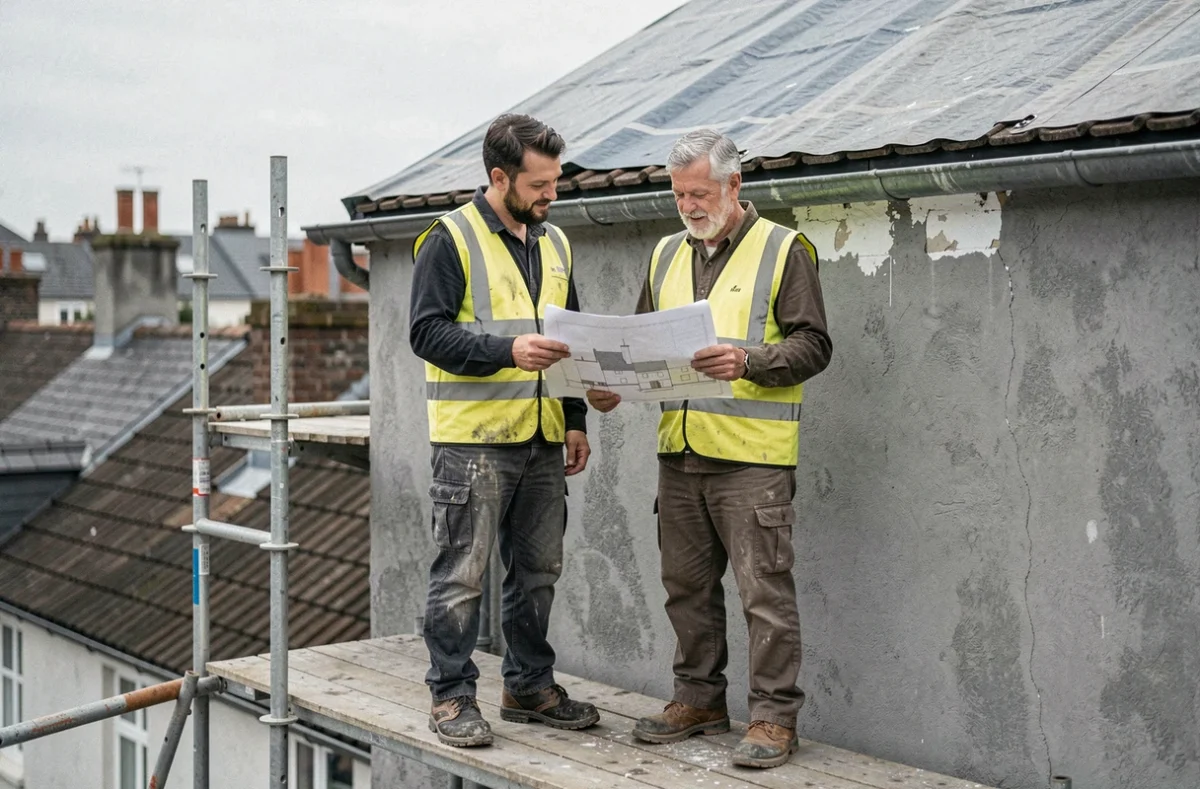 Deux ouvriers sur un &eacute;chafaudage consultant un plan de r&eacute;novation devant un solin en cours de r&eacute;paration sur un mur ext&eacute;rieur