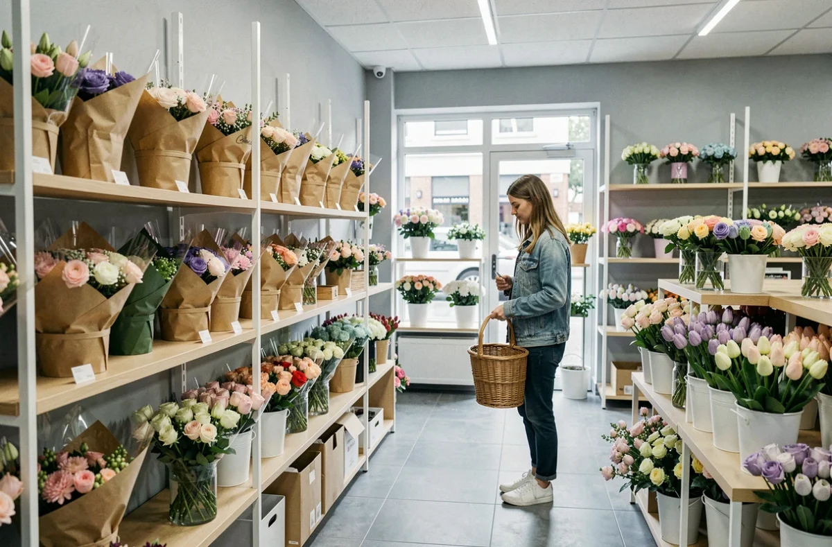 Intérieur du fleuriste libre-service Oya à Angers avec des bouquets en libre-service sur des étagères minimalistes et une cliente en train de choisir des fleurs