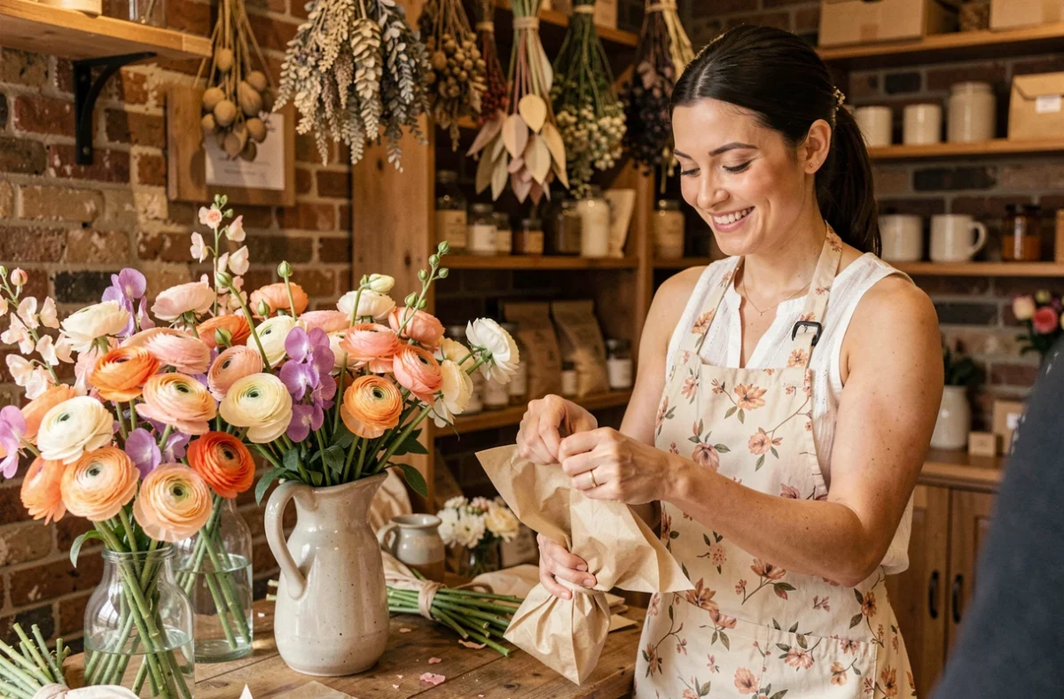 Fleuriste d'Oya Fleurs enveloppant un bouquet de renoncules et pois de senteur dans du papier de soie dans une boutique parisienne &agrave; la d&eacute;coration rustique