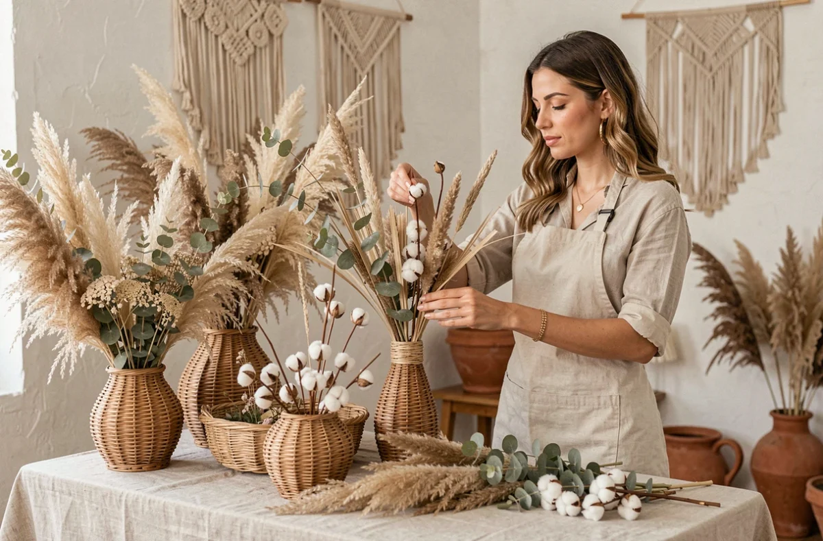 Atelier floral Pampa avec des arrangements de gramin&eacute;es pampas s&eacute;ch&eacute;es, lunaria et eucalyptus dans des paniers en rotin sur une nappe en lin naturel