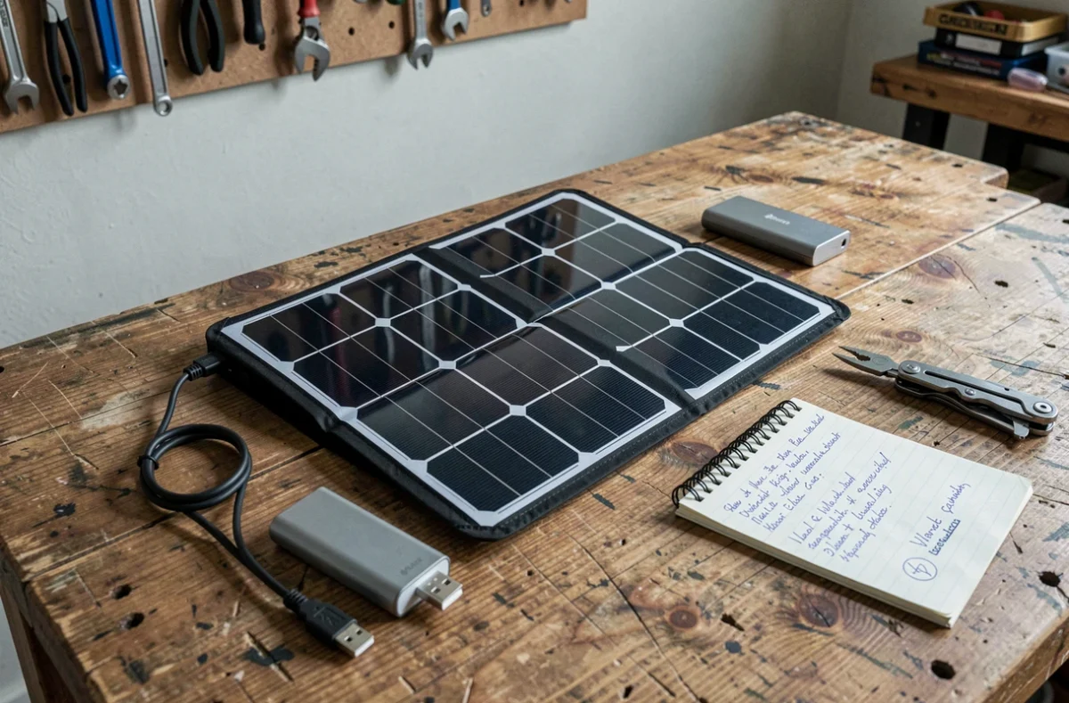 Vue &agrave; plat d'un panneau solaire portatif monocristallin avec accessoires de recharge sur un &eacute;tabli en bois