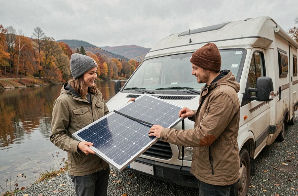 Couple installant un panneau solaire portatif sur le toit d'un van am&eacute;nag&eacute; au bord d'une rivi&egrave;re en automne