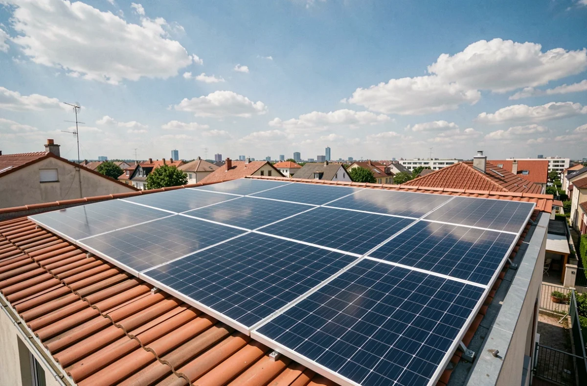 Panneaux solaires p&eacute;rovskite install&eacute;s sur un toit r&eacute;sidentiel &agrave; c&ocirc;t&eacute; de panneaux silicium traditionnels