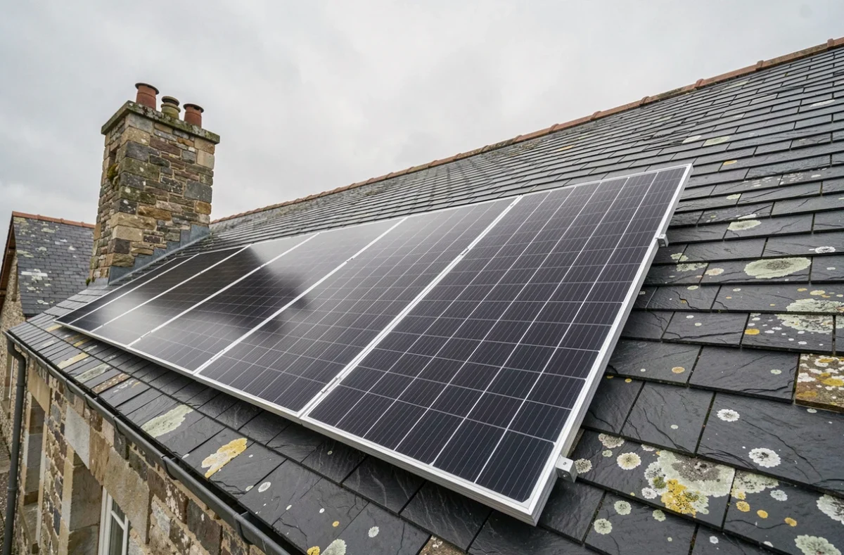Panneaux solaires monocristallins installés sur un toit en ardoise, vue grand angle depuis le sol