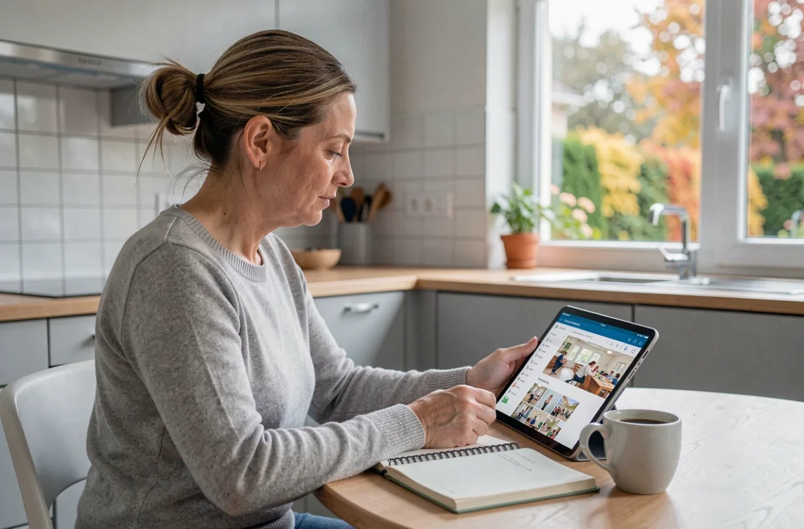 Parent d'&eacute;l&egrave;ve consultant l'ENT des Yvelines sur une tablette dans la cuisine